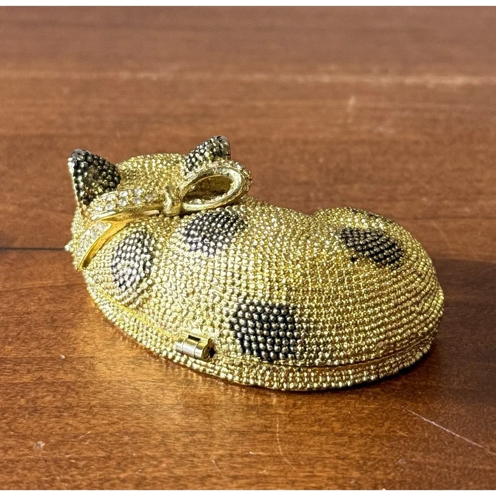 Cat Trinket Box, Sparkly Metal, CZ Collar black Stones Enamel Interior VGC